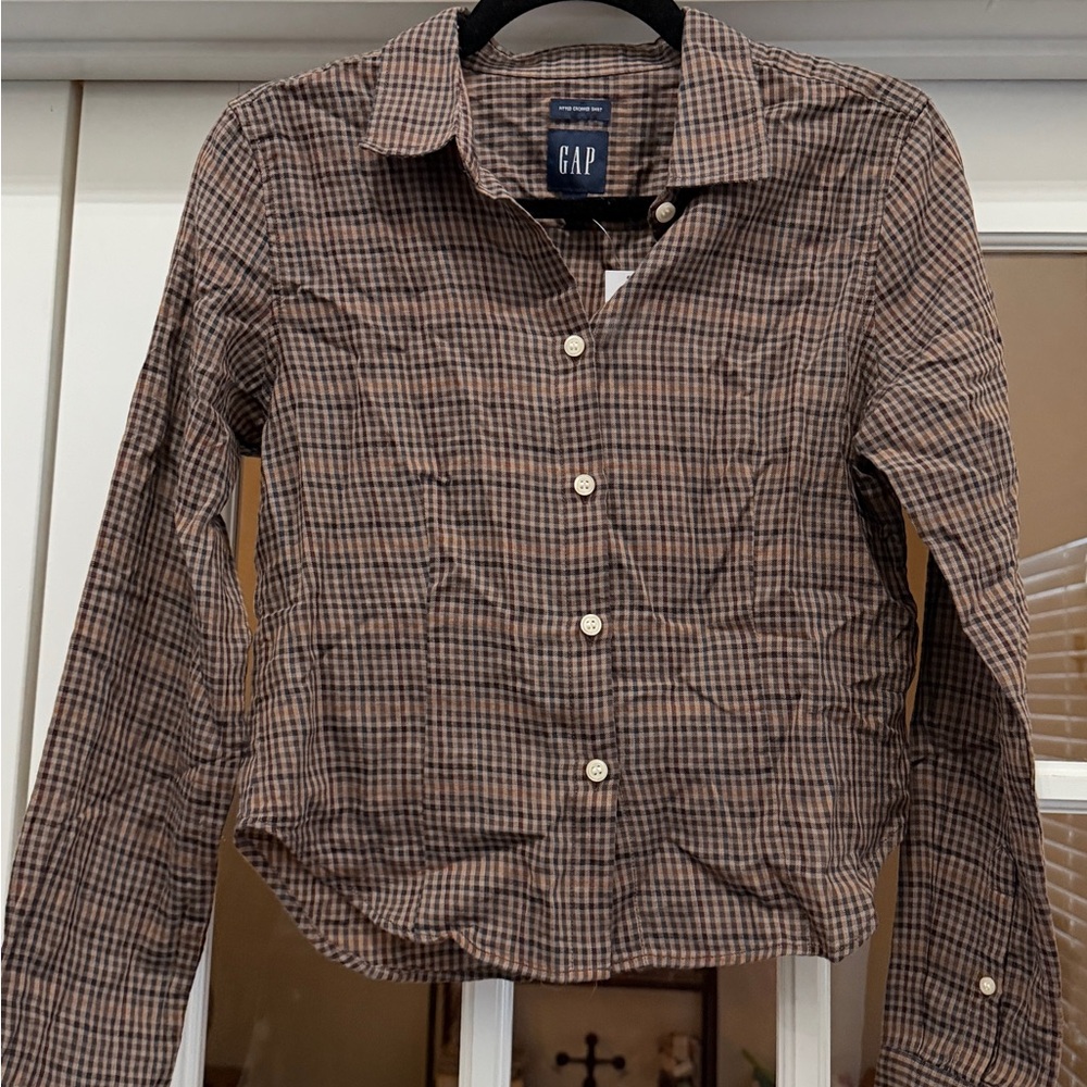 GAP Women’s XS Fitted Cropped Plaid Cotton Button-Up Shirt Brown Blue Beige - Picture 1 of 8